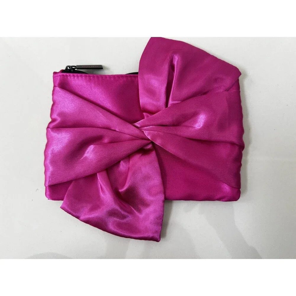 Hot Pink Stain Bow Zip Makeup Bag Clutch Wallet Travel Case Handbag Organizer